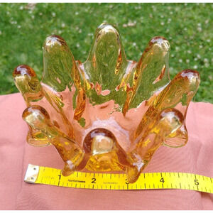 L E Smith Amber Art Glass Swung Bowl 5 Inch Pinched Fingers Simplicity Vintage